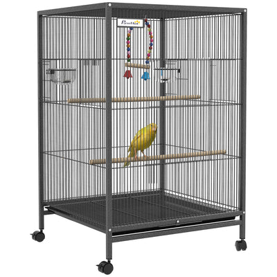 PawHut Bird Cage, Budgie Cage, with Rolling Stand, for Small Birds - Grey 