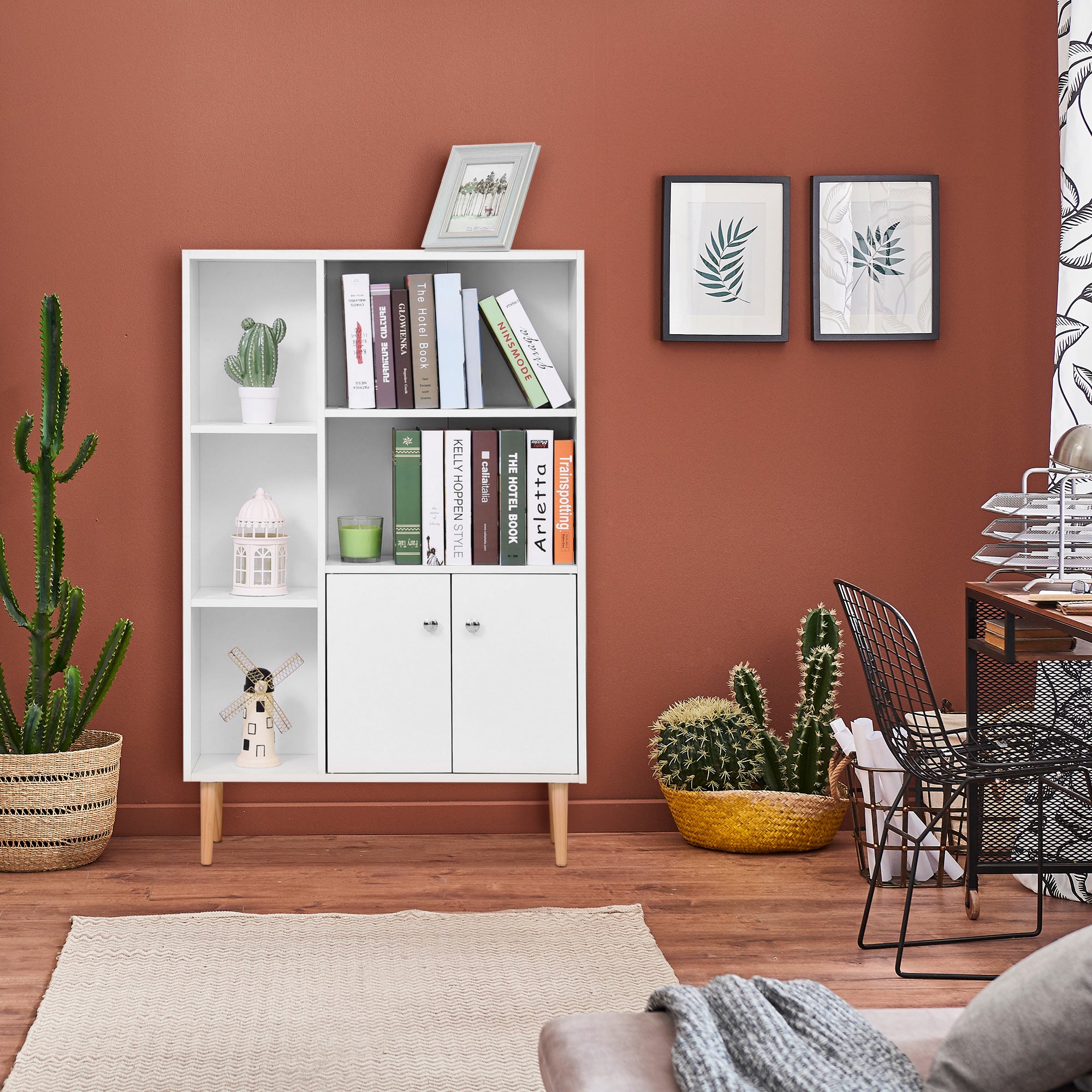 HOMCOM Sideboard Storage Cabinet Cupboard, Open Bookcase with 2 Doors 5 Compartments Wooden Modern Style for Living Room Bedroom Kitchen 80 x 23 x 123 cm, White 