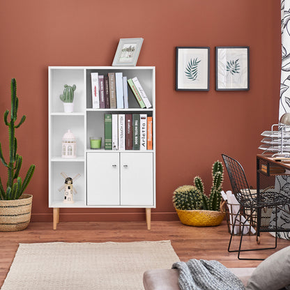 HOMCOM Sideboard Storage Cabinet Cupboard, Open Bookcase with 2 Doors 5 Compartments Wooden Modern Style for Living Room Bedroom Kitchen 80 x 23 x 123 cm, White 