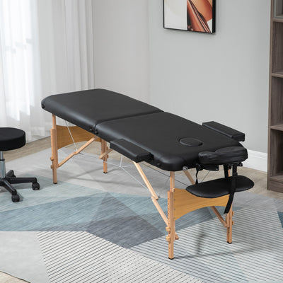 HOMCOM Portable Massage Bed, Folding Spa Beauty Massage Table with 2 Sections, Carry Bag and Wooden Frame, Black 