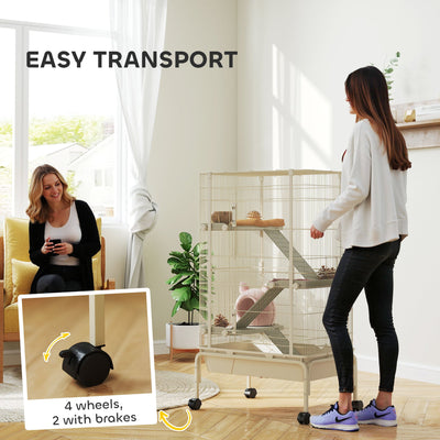 PawHut 4 Levels Rolling Small Animal Cage, Rabbit Cage with 3 Ramps, Water Bottle, Food Dish, 15cm Deep Tray, Beige 