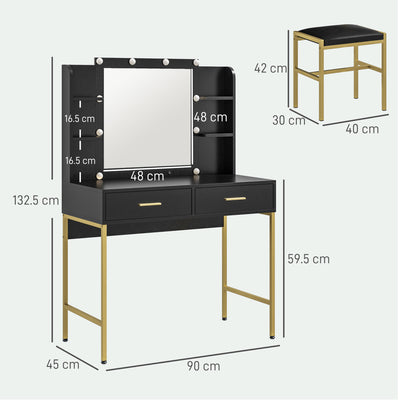 HOMCOM Dressing Table Set, with Storage and Stool - Black 