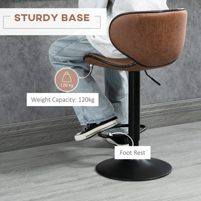 HOMCOM Bar Stool Set of 2 Microfiber Cloth Adjustable Height Armless Chairs with Swivel Seat, Brown 