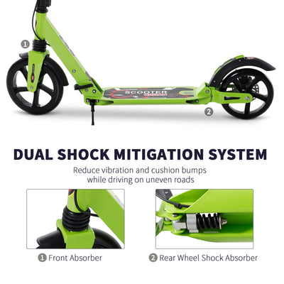 HOMCOM Kick Scooter, Folding 2 Wheel Scooter for 14+ Teens Adults, with Dual Brake System, Dual Suspension, 230mm Big Wheels, 3 Adjustable Handlebar, up to 100KG, Green 