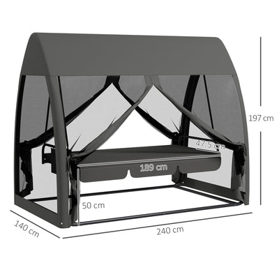 Outsunny Three-Seater Convertible Swing Chair/Bed, with Curtained Canopy - Grey 