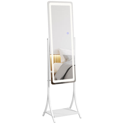 HOMCOM Free Standing Dressing Mirror with LED Lights, Full Length Mirror with 3 Temperature Colours and Storage Shelf 