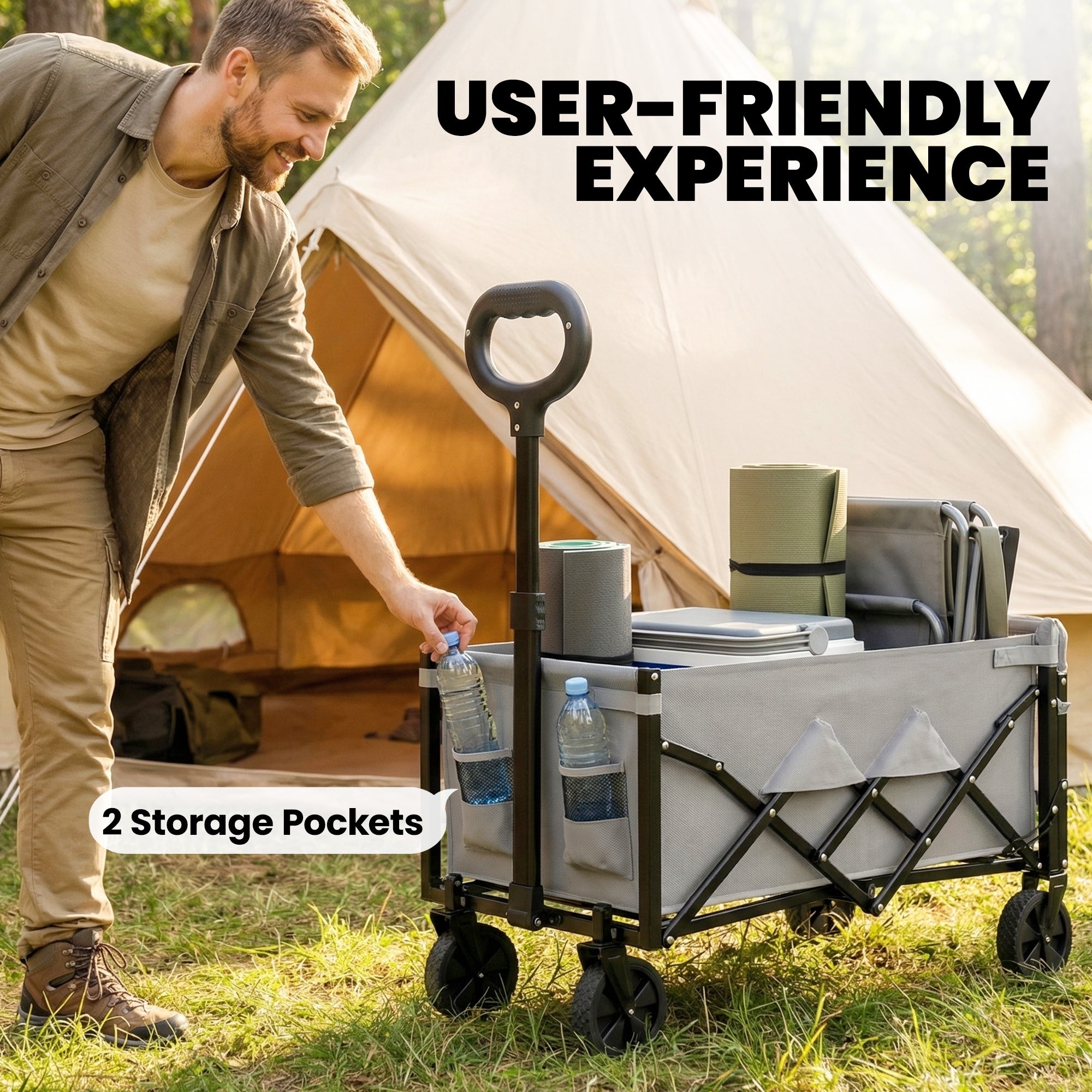 Outsunny 60L Foldable Festival Trolley on Wheels, Collapsible Wagon Cart with Drop-Down Tailgate, Adjustable Handle, Grey 