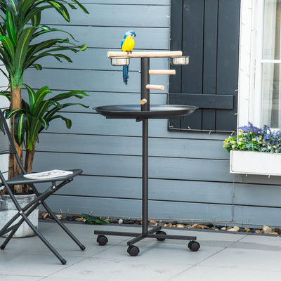 PawHut Metal Bird Table Play Stand, Bird Feeder Station Parrot Perch with Four Wheels Feeding Bowls Round Tray 