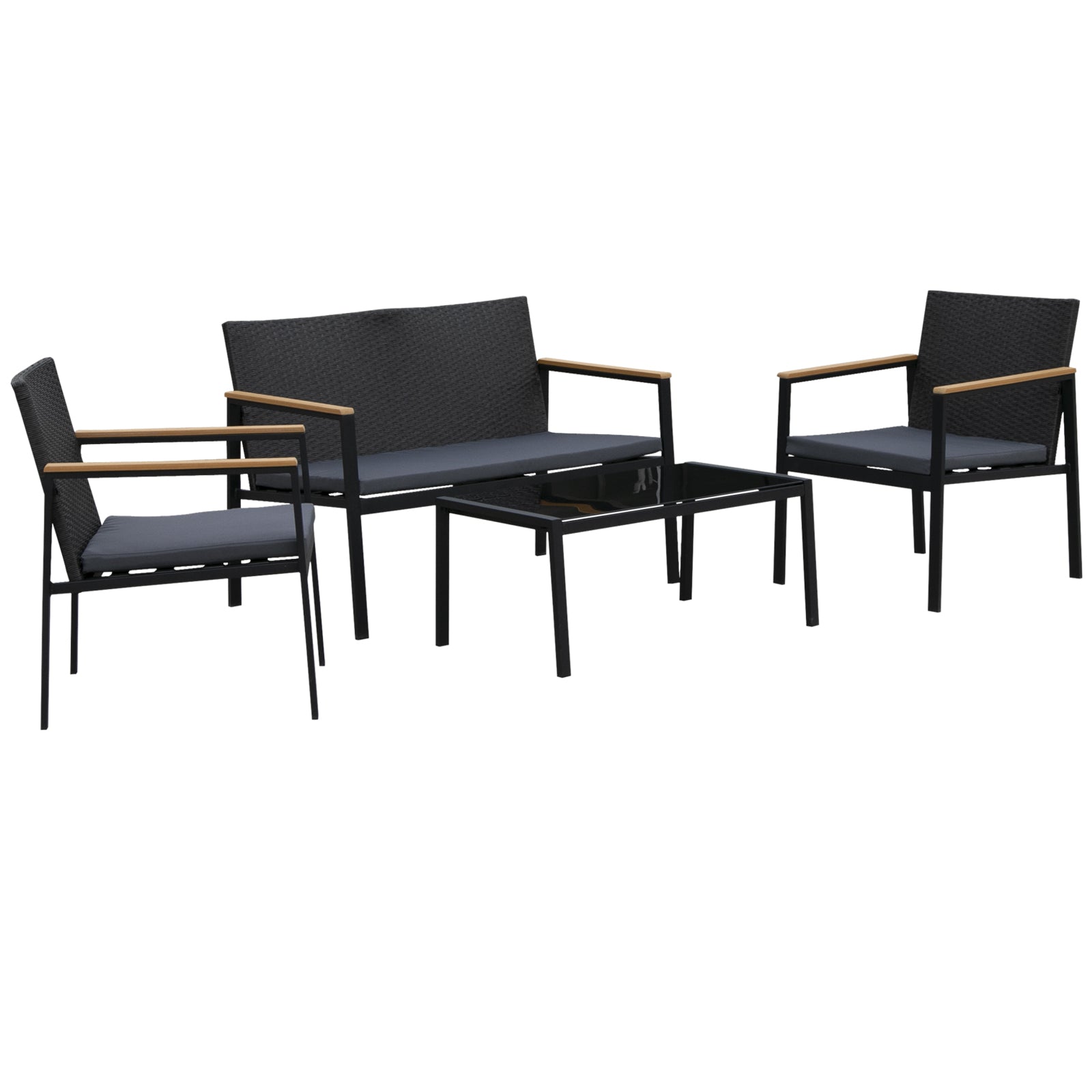 Outsunny 4 Pieces Rattan Garden Furniture Set, 4 Seater Garden Sofa Set with Loveseat, 2 Armchairs and Glass Top Coffee Table, Wicker Outdoor Conservatory Furniture with Cushions for Patio, Black 