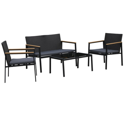 Outsunny 4 Pieces Rattan Garden Furniture Set, 4 Seater Garden Sofa Set with Loveseat, 2 Armchairs and Glass Top Coffee Table, Wicker Outdoor Conservatory Furniture with Cushions for Patio, Black 