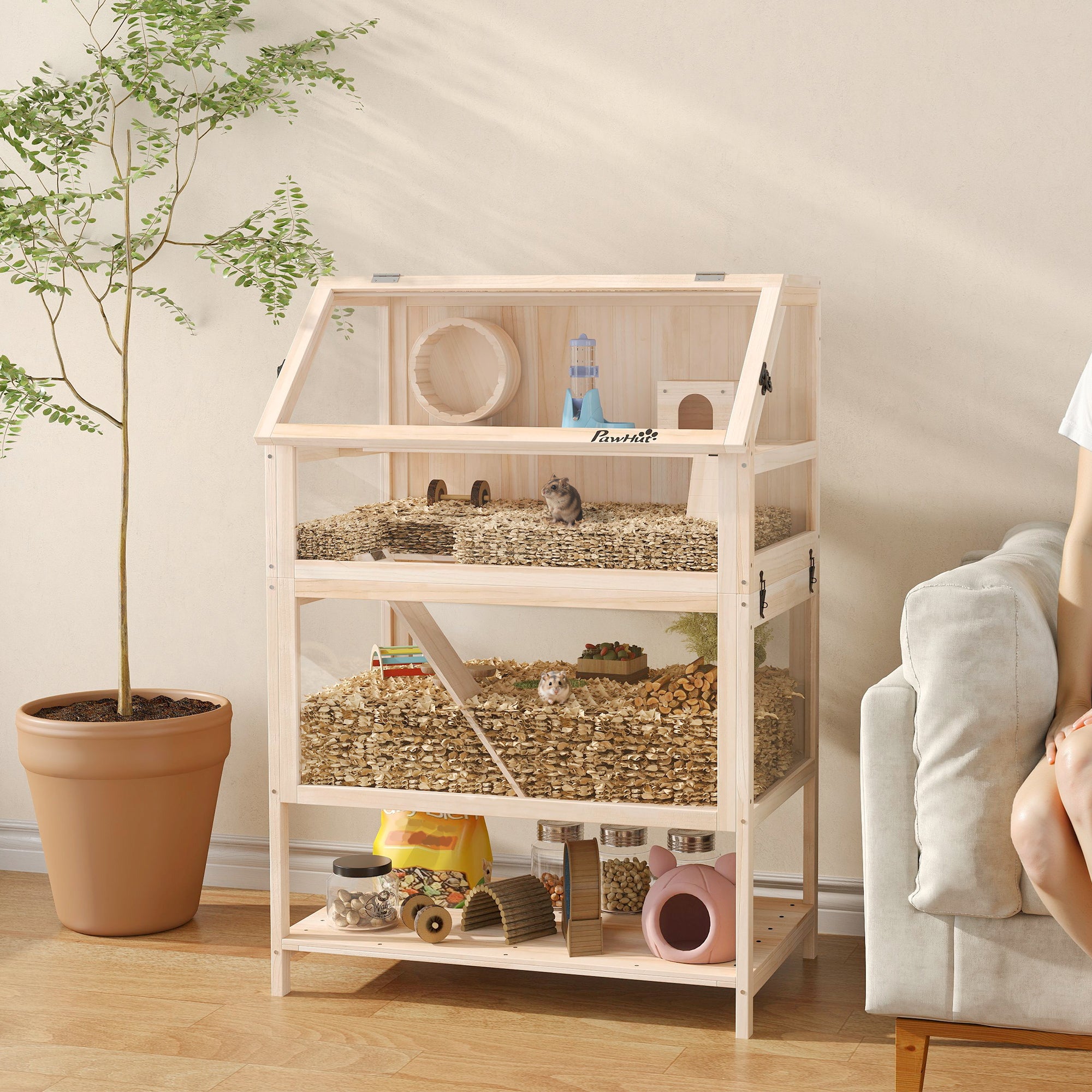 PawHut Wooden Hamster Cage with Detachable Lower Floor, Storage Shelf, Hut, Seesaw, Exercise Wheel, Ramps for Hamster 