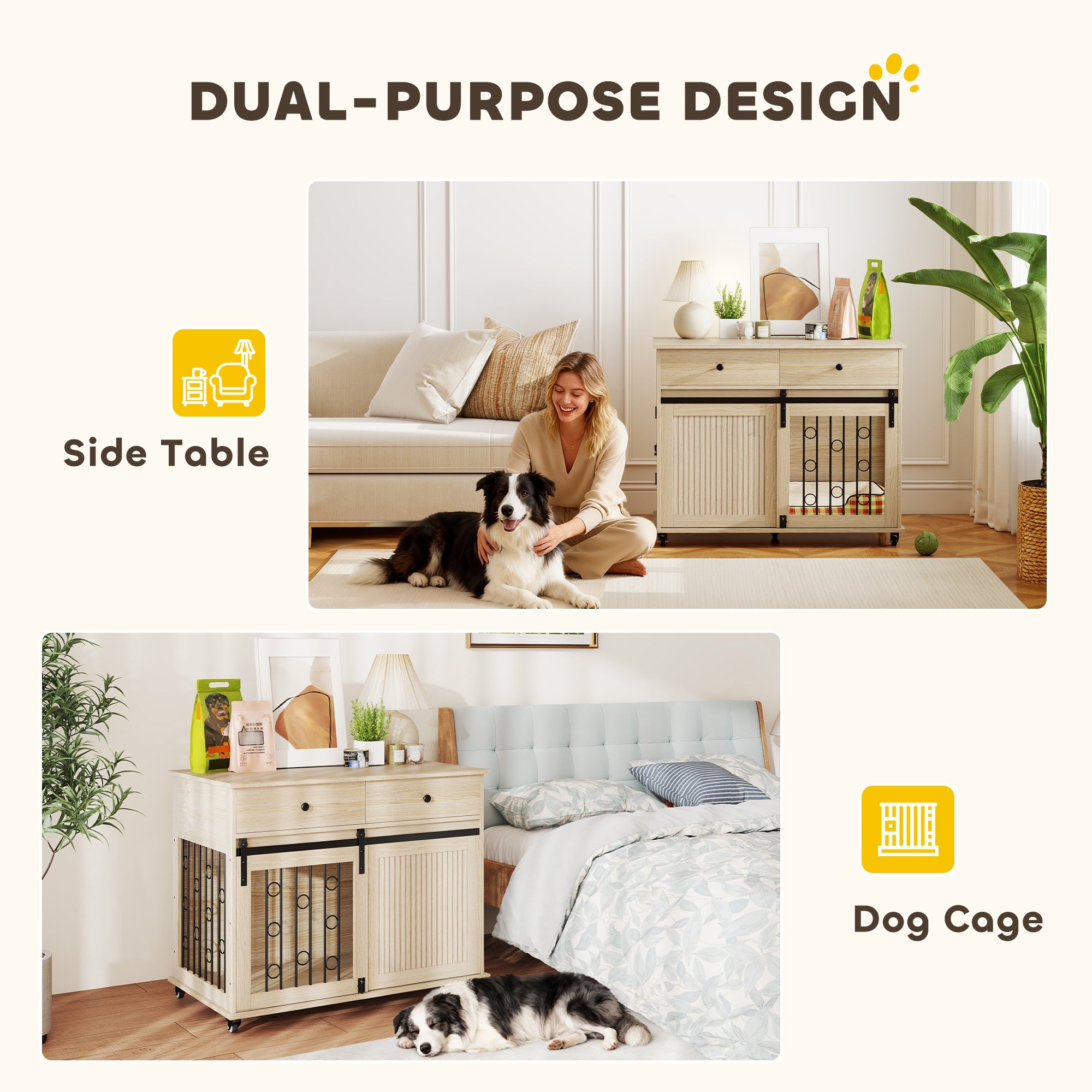 PawHut Dog Crate Furniture on Wheels, Dog Cage with 2 Drawers, Sliding Door, for Medium Large Dogs, Oak Tone 