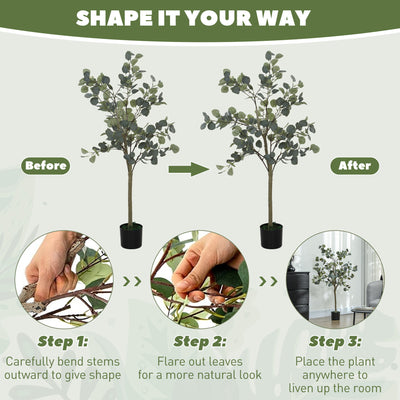 HOMCOM Set of 2 Decorative Artificial Tree, 4ft/ 120cm Silk Eucalyptus Trees with 230 Silver Dollar Leaves in Pot, Fake Plants for Home, Office, Living Room, Indoor Decor 