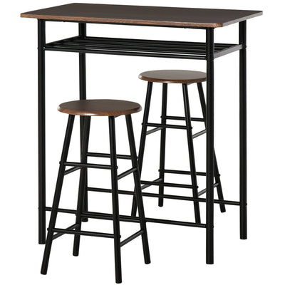 HOMCOM Bar Table Set, Bar Table and Stools Set, Footrest and Storage Shelf, for Kitchen, Dining Room, Pub, Cafe, Black and Oak 