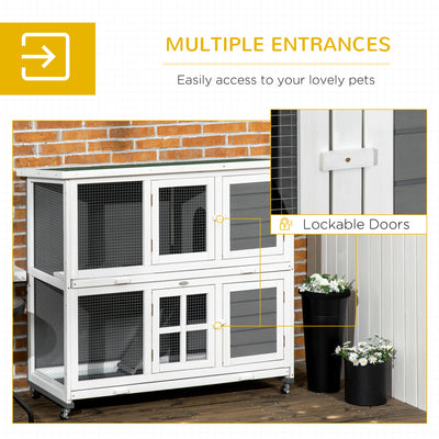 PawHut Wooden Rabbit Hutch, Two-Tier Guinea Pig Cage, with Removable Tray, Wheels 