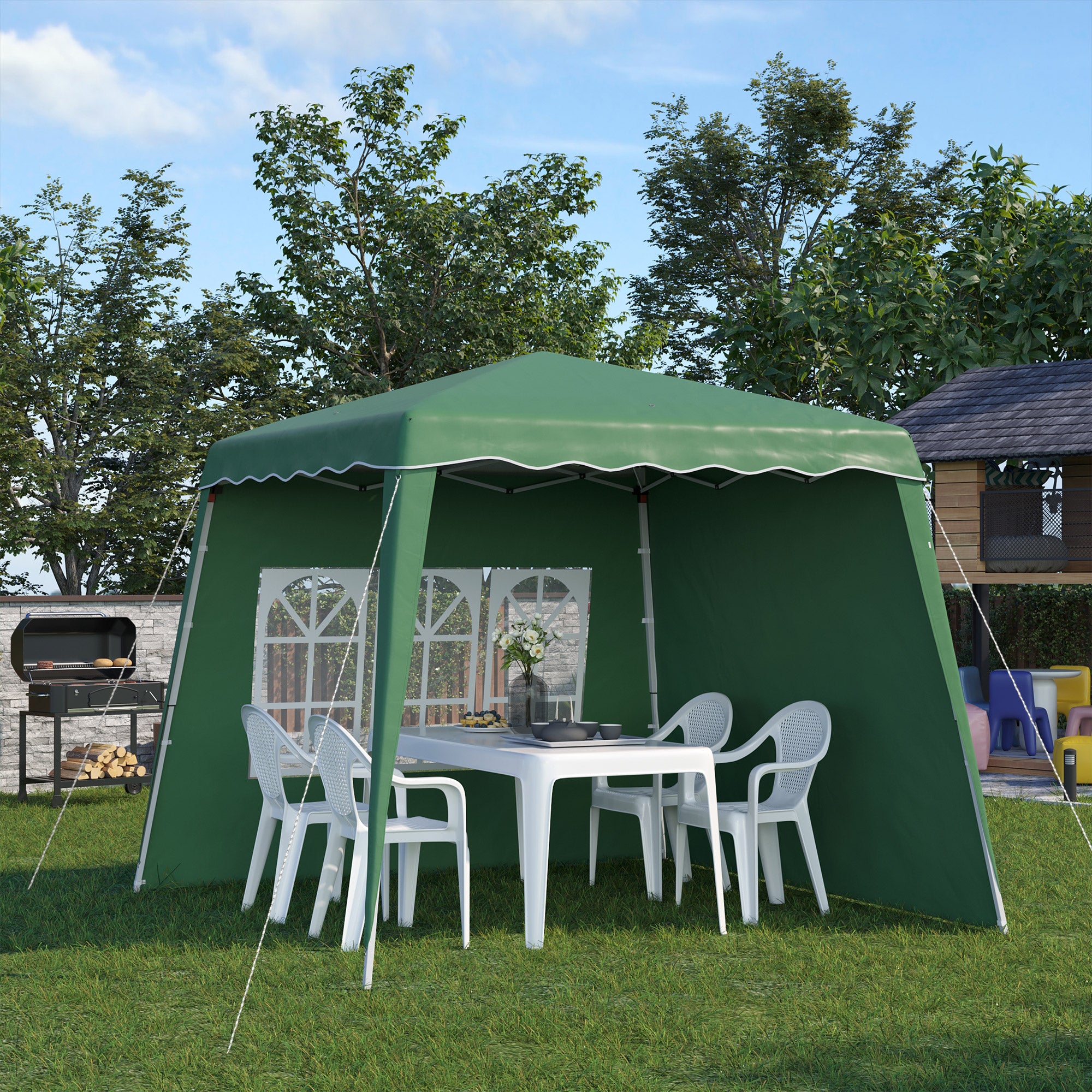Outsunny 2.9 x 2.9m Pop Up Gazebo Canopy Tent with 2 Sidewalls and Carry Bag, Height Adjustable, UV50+ Party Tent Event Shelter for Garden, Patio, Green