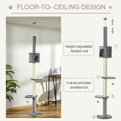 PawHut Floor to Ceiling Cat Tree for Indoor Cats, Kitten Tower, Condo, Multi-Layer Activity Center, Indoor Pet Play House with Solid Scratching Post Hanging Balls, Light Grey 
