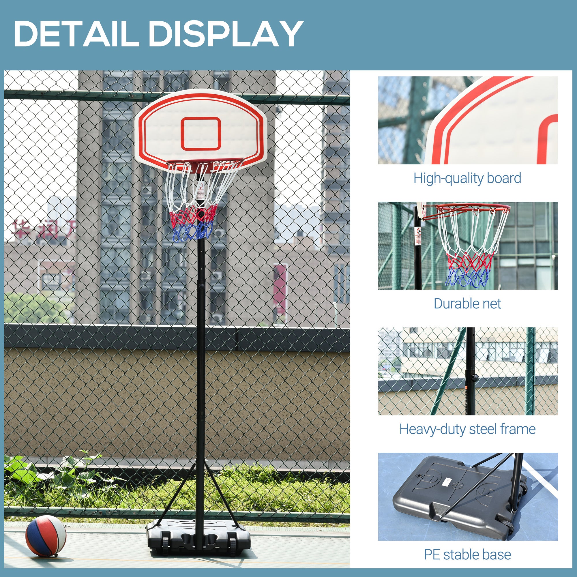 HOMCOM Portable Basketball Stand 175-215cm Adjustable Height Sturdy Rim Hoop w/ Large Wheels Stable Base Net Free Standing 