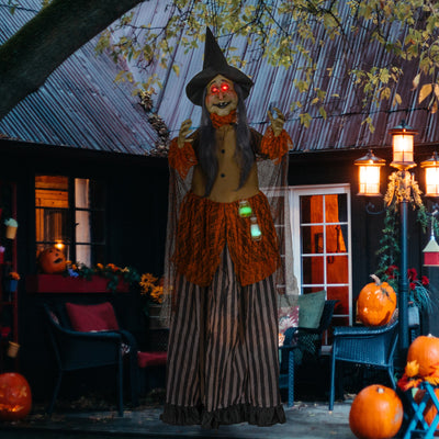 HOMCOM 183 cm Life Size Halloween Animated Standing Fat-Faced Witch with Red Light Up Eyes, Sound Activated Moving Arms & Head, Scary Witch Halloween Decorations, Battery Operated, Indoor Party Props 