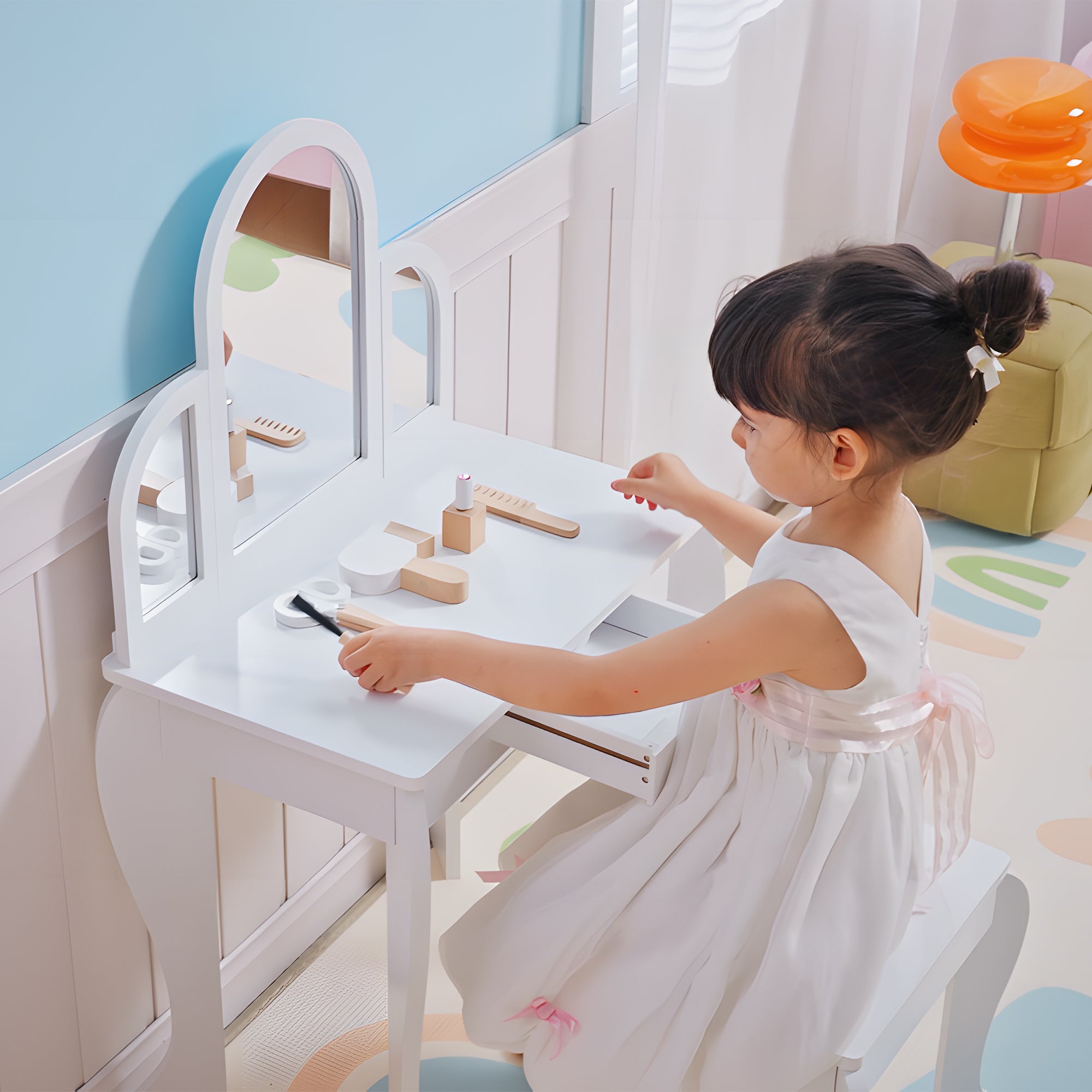 HOMCOM Kids Dressing Table Set, with Mirror and Drawer - White 