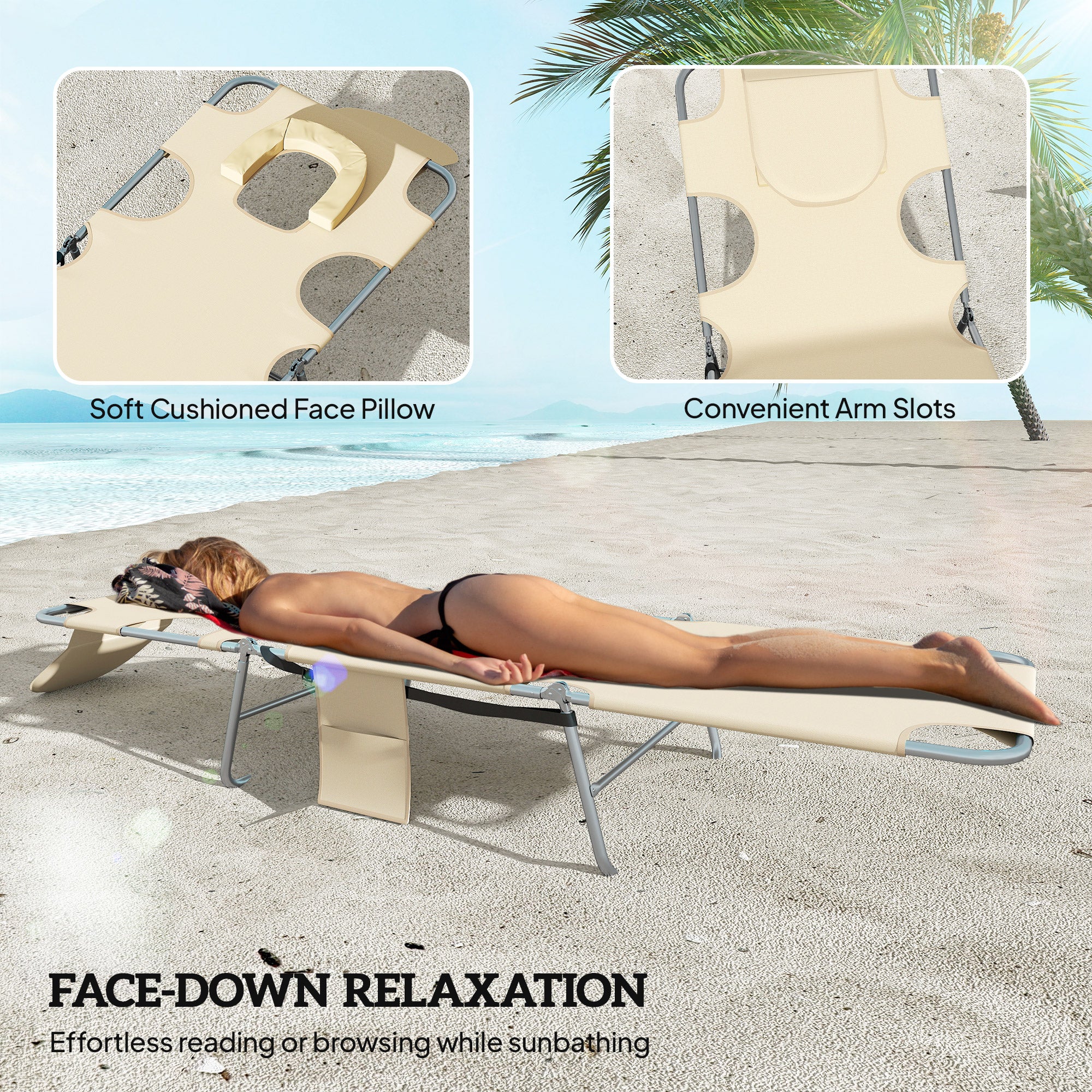 Outsunny 5-Position Adjustable Sun Loungers Set of 2 with Reading Hole and Side Pocket, Beige 