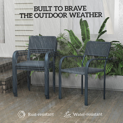 Outsunny Garden Chairs Set of 4, Stackable Rattan Effect Dining Chairs with Armrest, Weather Resistant and Lightweight Outdoor Furniture Armchairs for Patio, Balcony, Terrace, Dark Grey 