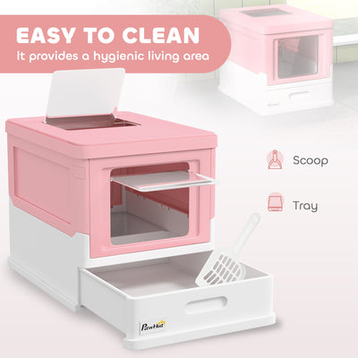 PawHut Hooded Cat Litter Box, Portable Pet Toilet, with Scoop, Front Entry - Pink 