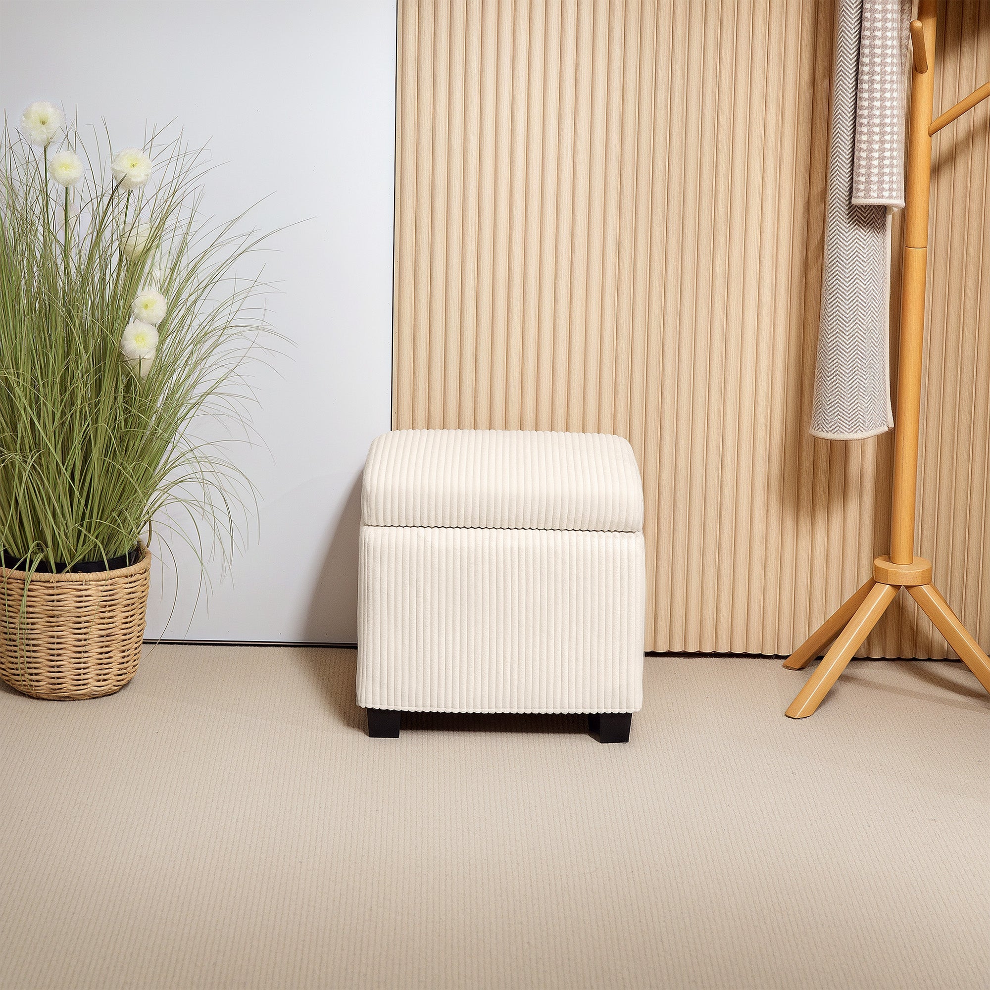 HOMCOM Storage Ottoman Bench, Corduroy Footstool with Removable Lid and Legs, 40cm Storage Chest Box for Living Room, Bedroom, Hallway, Beige 