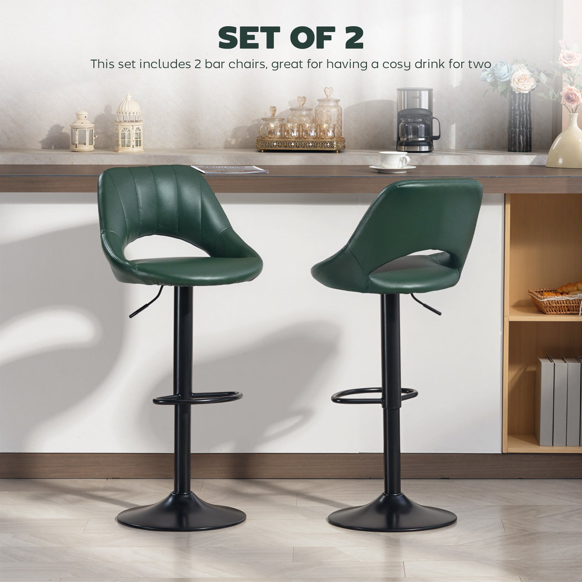 HOMCOM Set of Two Faux Leather Bar Stools - Dark Green 