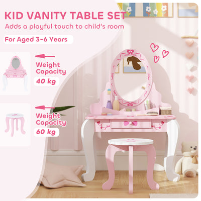 AIYAPLAY Kids Dressing Table Set, Vanity Table with Stool, Mirror, Drawer, Desktop Storage, Ballet Theme, Pink 