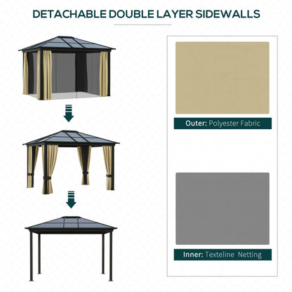 Outsunny 3 x 3.6(m) Hardtop Gazebo Canopy with Polycarbonate Roof and Aluminium Frame, Garden Pavilion with Mosquito Netting and Curtains, Brown 
