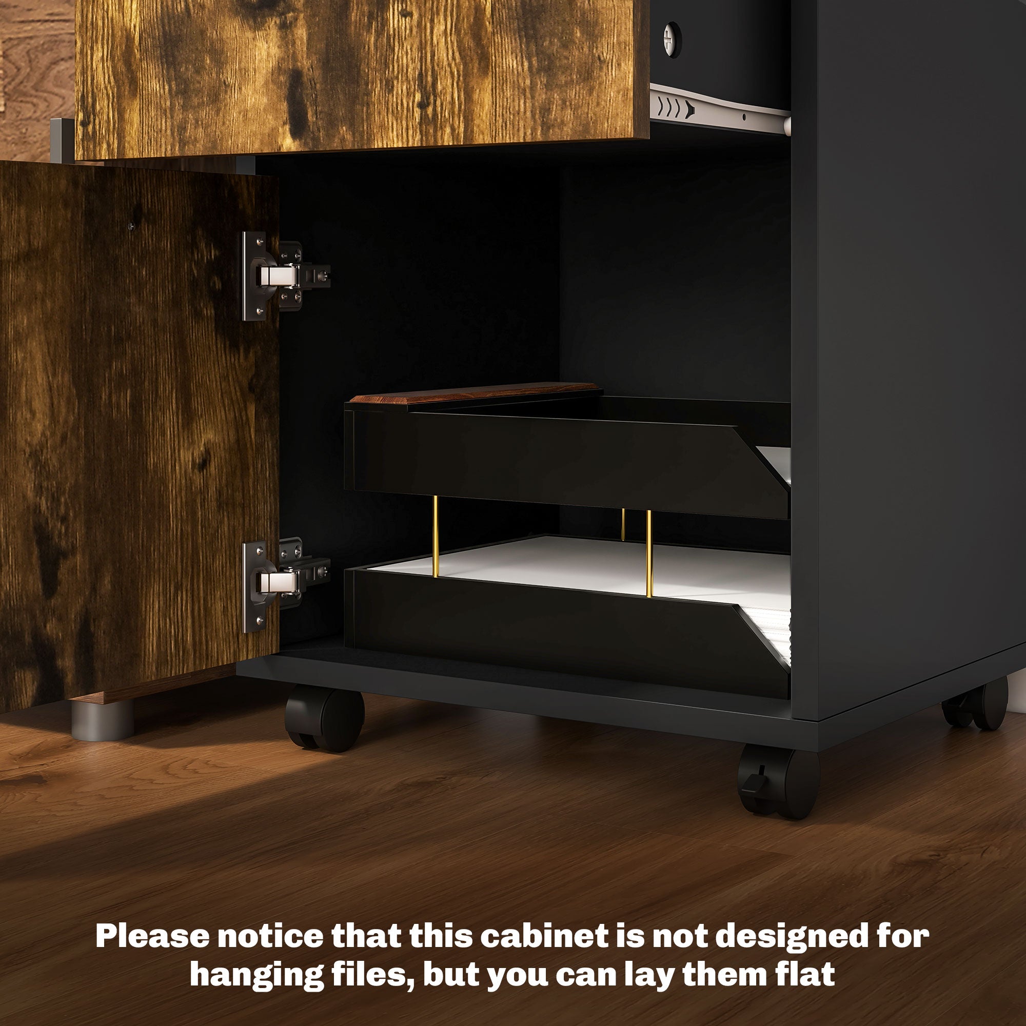 HOMCOM 60cm Filing Cabinet with Drawer, Open Shelf, Metal Handles and 4 Wheels, Office Home Organiser Mobile Printer, Rustic Brown 