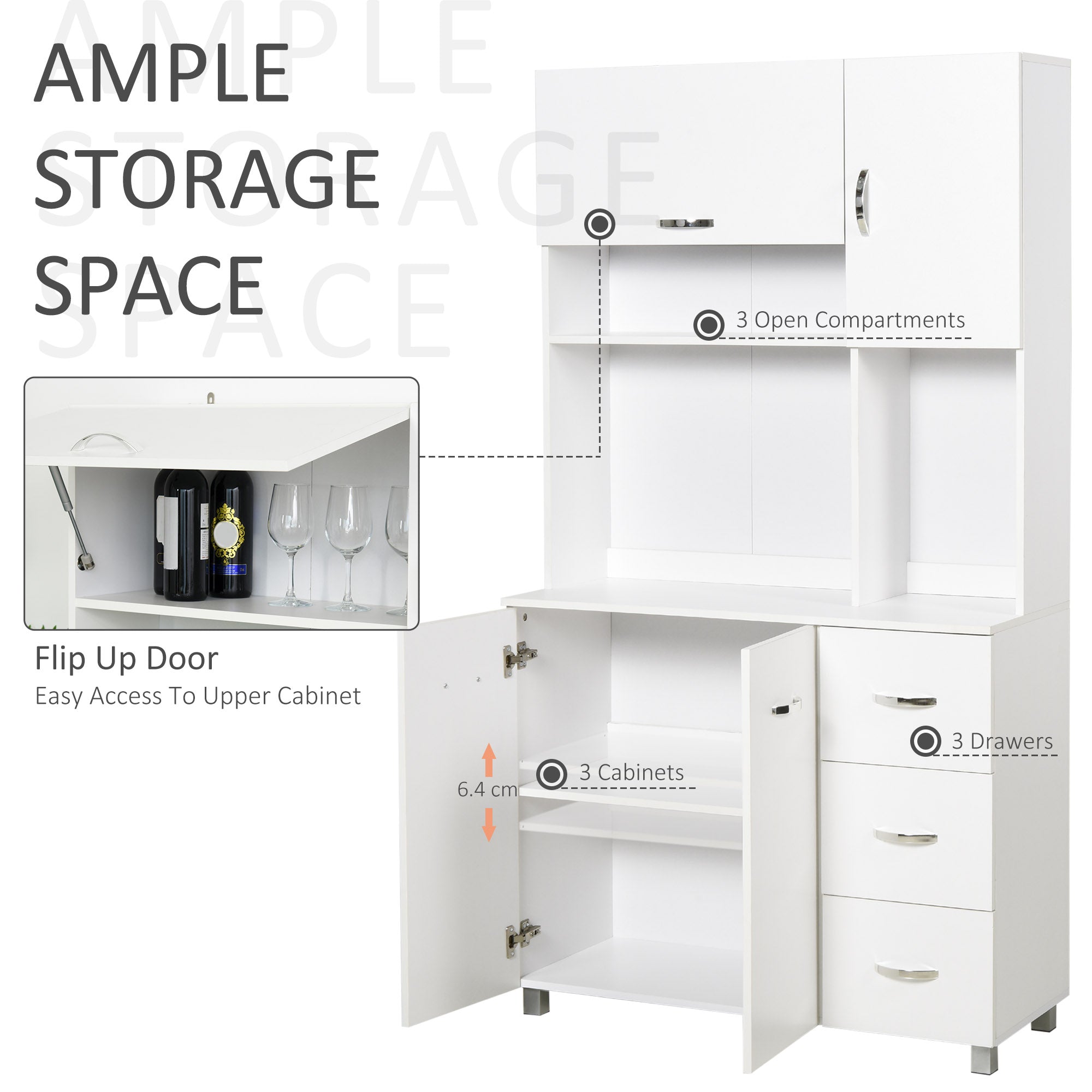 HOMCOM Kitchen Cupboard, 183cm Tall Storage Cabinet with Countertop, Sideboard with 3 Drawers, 4 Doors and Open Shelves, 100W x 39.5D x 183.5H cm, White 