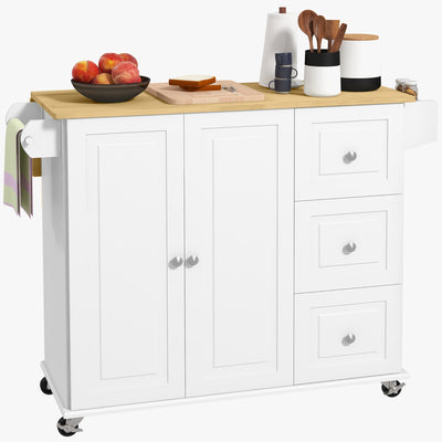 HOMCOM Kitchen Island with Drop Leaf, Rolling Kitchen Storage Trolley on Wheels with 3 Drawers, Spice Rack and Towel Rack, Storage Cart with Rubber Wood Top, White 