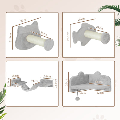 PawHut 4-Piece Cat Wall Shelves with Steps, Ladder, Jumping Platforms, Light Grey 