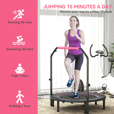 HOMCOM 45" Foldable Mini Fitness Trampoline, with Adjustable Foam Handle, Pink 