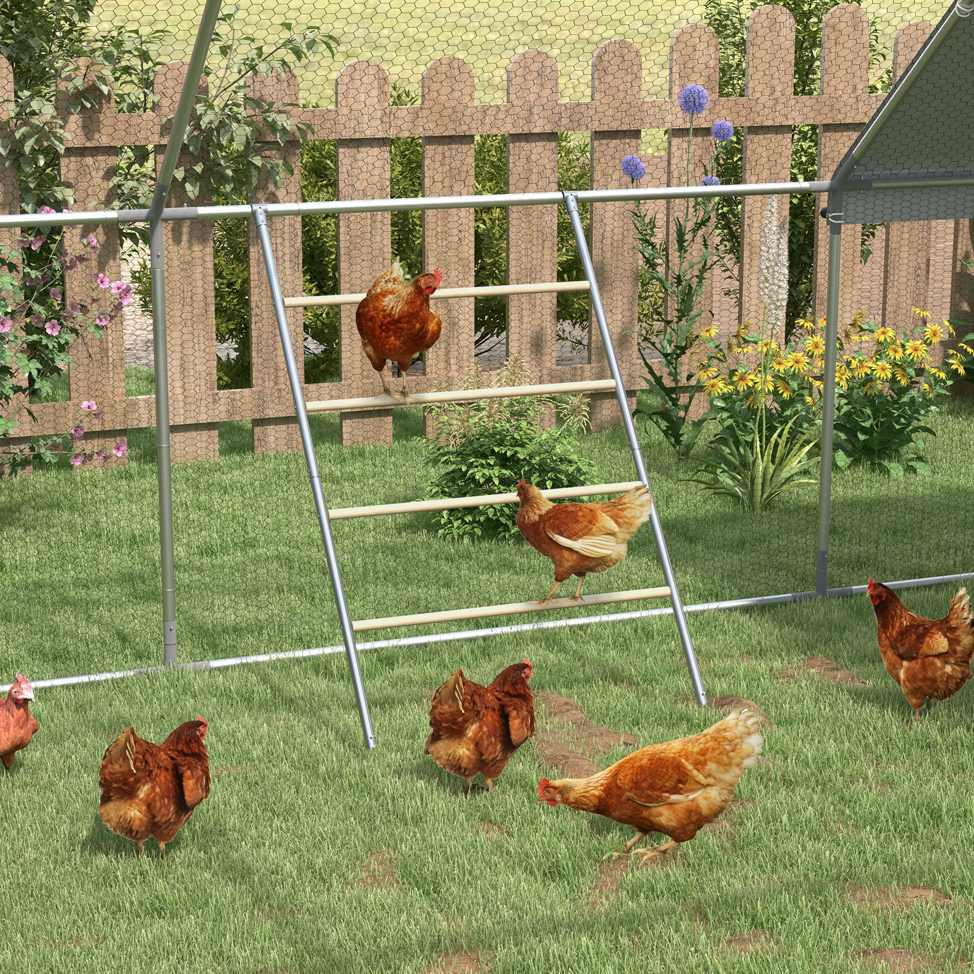 PawHut Chicken Perch for Coop, Wooden and Galvanised Steel Roosting Bar Jungle Gym, Chicken Roosting Ladder for Backyard Farm 