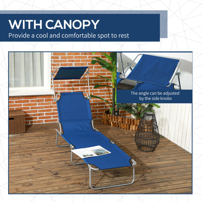 Outsunny Outdoor Foldable Sun Lounger Set of 2, 4 Level Adjustable Backrest Reclining Sun Lounger Chair with Angle Adjust Sun Shade Awning for Beach, Garden, Patio, Blue 