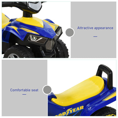 HOMCOM Baby Quad Bike Kids Ride On Car Goodyear Licensed Walker Foot To Floor Slider NO POWER w/ Lights Horn Storage Blue for 18-36 Months 