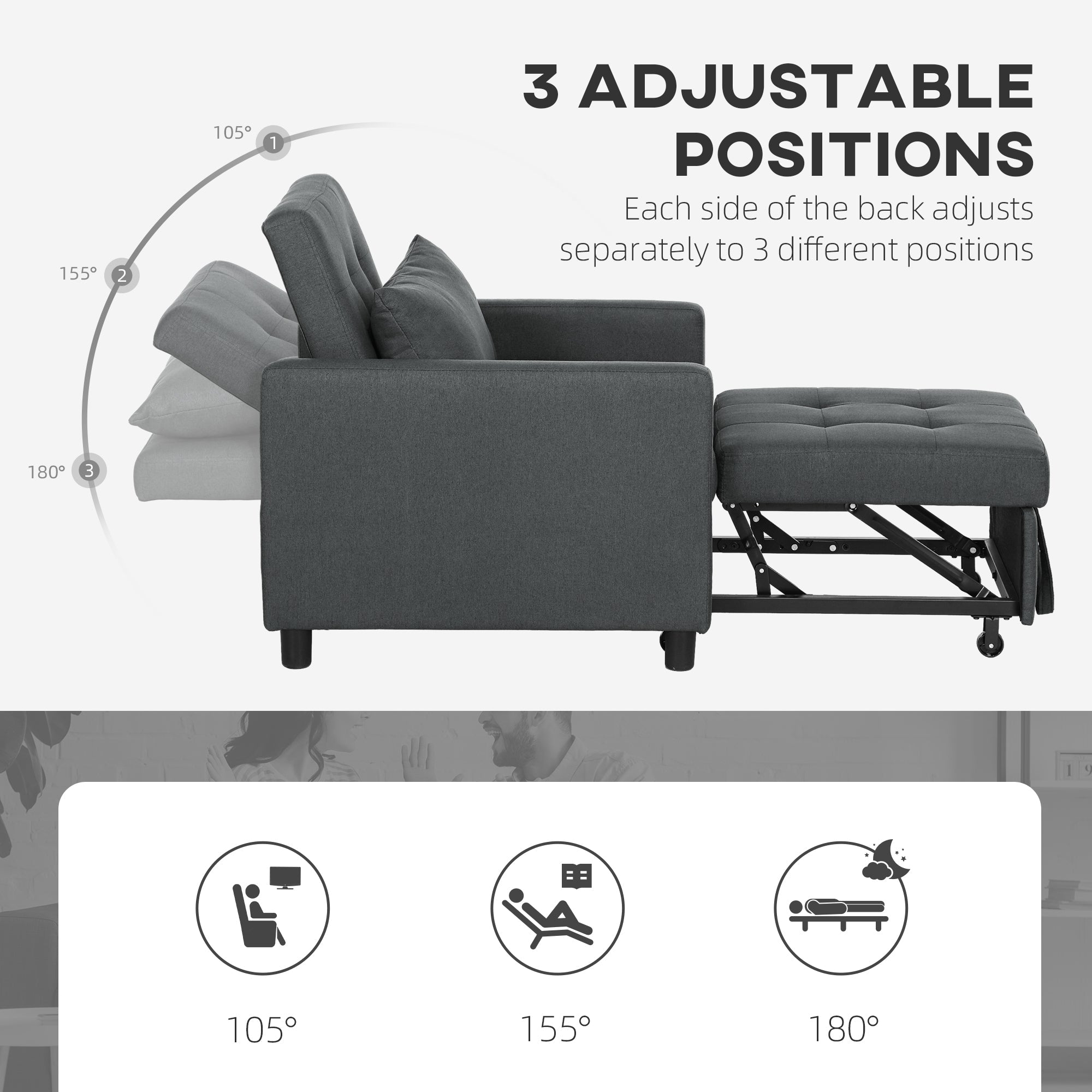 HOMCOM 3-In-1 Chair Bed, Convertible Sleeper Chair with Adjustable Backrest, Pillow and Footrest for Living Room, Dark Grey 