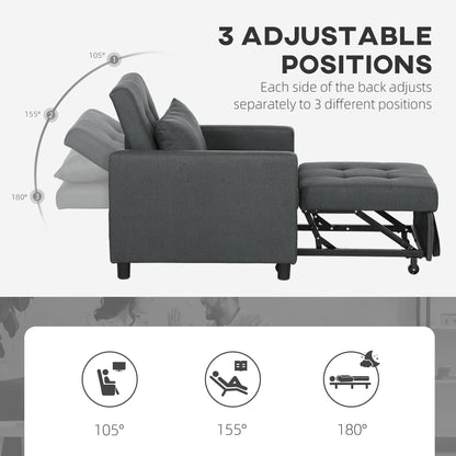 HOMCOM 3-In-1 Chair Bed, Convertible Sleeper Chair with Adjustable Backrest, Pillow and Footrest for Living Room, Dark Grey 