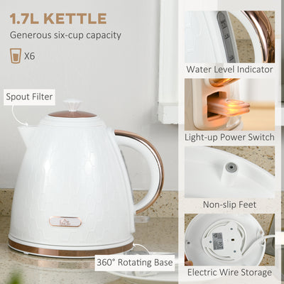 HOMCOM 1.7L 3000W Fast Boil Kettle & 4 Slice Toaster Set, Kettle and Toaster Set with 7 Browning Controls, Crumb Tray, White 