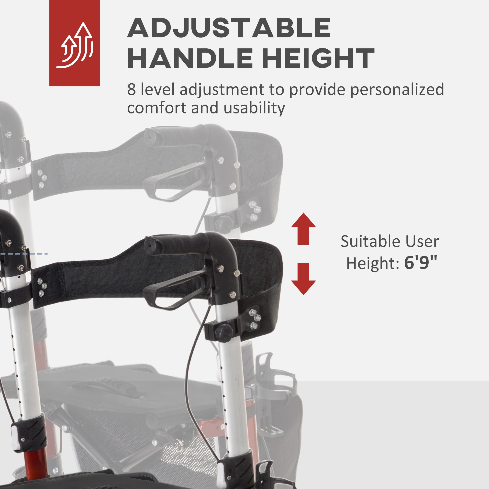HOMCOM 88.5-106cm Aluminium Frame Rollator Walker, with Brakes - Red 
