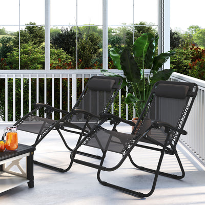 Outsunny Zero Gravity Chair Set of 2, Metal Frame Texteline Armchair Outdoor Folding and Reclining Sun Lounger with Head Pillow for Patio Decking Gardens Camping, Grey 