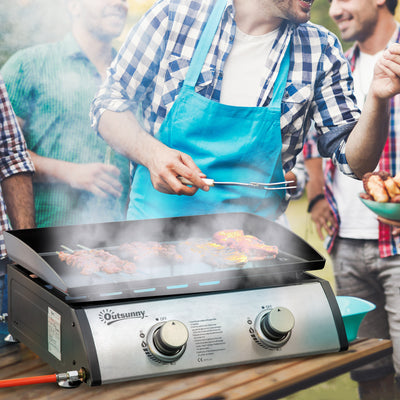 Outsunny Gas Plancha Grill with 2 Stainless Steel Burner, 6kW, Portable Tabletop Gas BBQ with Non-Stick Griddle for Camping Picnic Garden Party Festival 