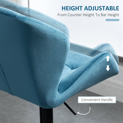 HOMCOM Bar Stools Set Of 2, Luxurious Velvet-Touch Barstools with Metal Frame Footrest Round Base Triangle Indenting Moulded Seat Adjustable Height Swivel Blue 
