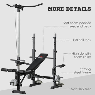 HOMCOM Adjustable Weight Bench with Pulley System, Incline Bench Press Set with Squat Rack, Leg Developer, Butterfly and Weight Storage, for Home Gym Full Body Workout 