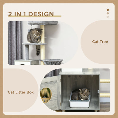 PawHut Enclosed Cat Litter Box with Cat House, Cat Bed, Scratching Posts, Platforms, for Indoor Cats - Grey 