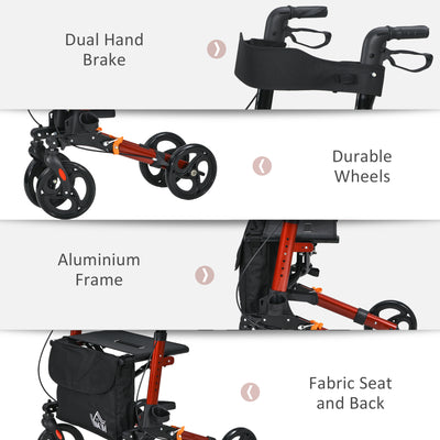 HOMCOM 4 Wheel Rollator with Seat and Back, Folding Mobility Walker with Carry Bag, Adjustable Height, Dual Brakes, Cane Holder, Lightweight Aluminium Walking Frame for Seniors and Disabled, Red 