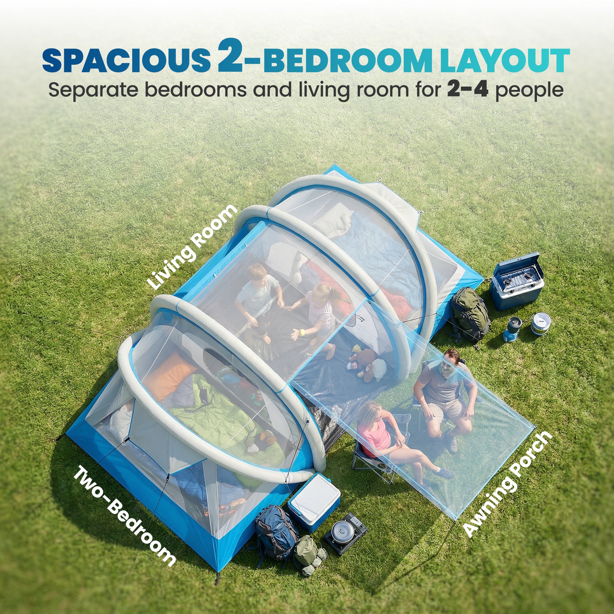 Outsunny Inflatable Tent 2 Bedroom 3000mm Waterproof Windproof Air Tent with Carry Bag for 4 Person 